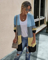 Women's Knit Cardigan with Pockets-Blue yellow-14