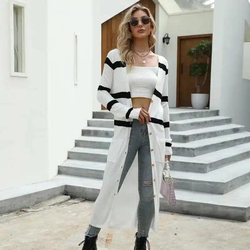 LOVEMI - Lovemi - Knitted Thin Coat Long V neck Stripes