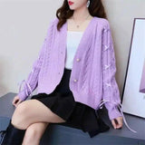 Women's Knit Cardigan with Tie Sleeves-Purple-1