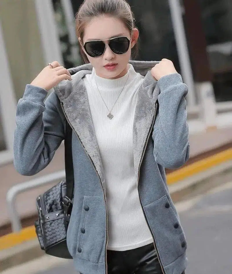 Korean version of autumn and winter casual hooded long-Gray-3