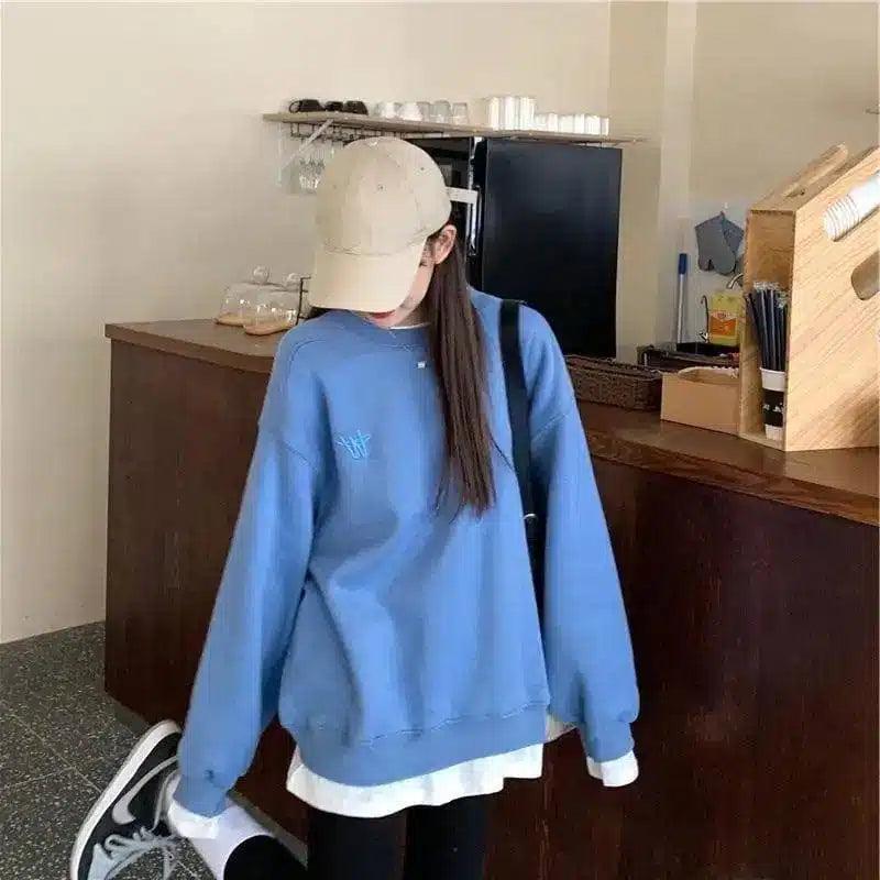 Korean Version Of Loose Thin Spring Fake Two Pieces Hoodie-Blue-2