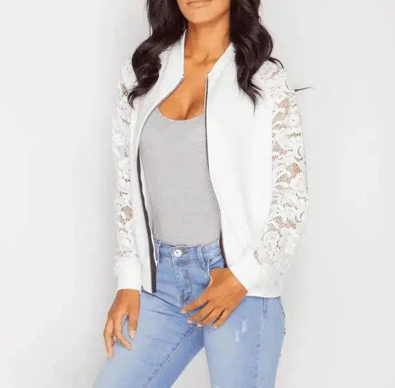 Lace Sleeve Zip-Up Casual Jacket for Women-1