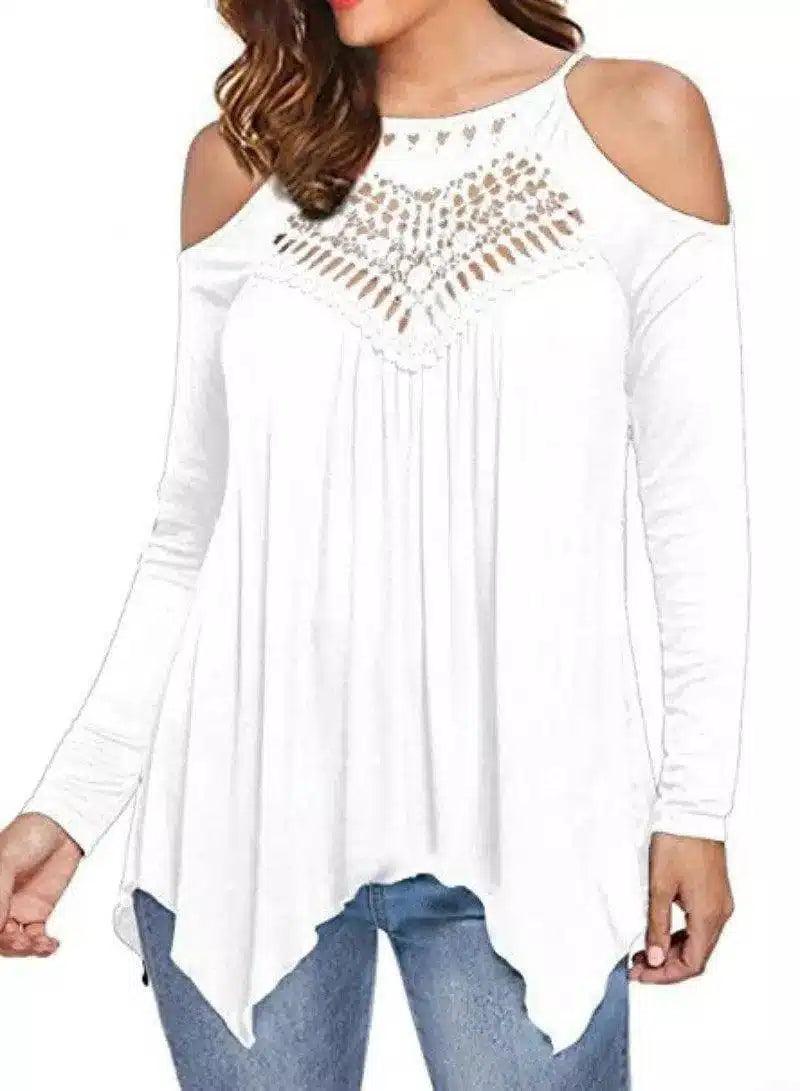 Women's Cold Shoulder Long Sleeve Top-White-5