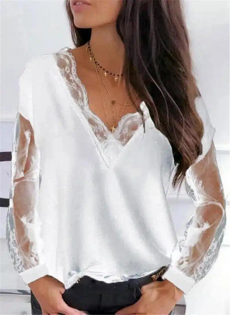 Lace Detail Sheer Sleeve V-Neck Blouse-White-2