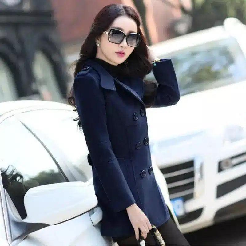 Ladies Autumn Casual Woolen Coat-Navy Blue-3