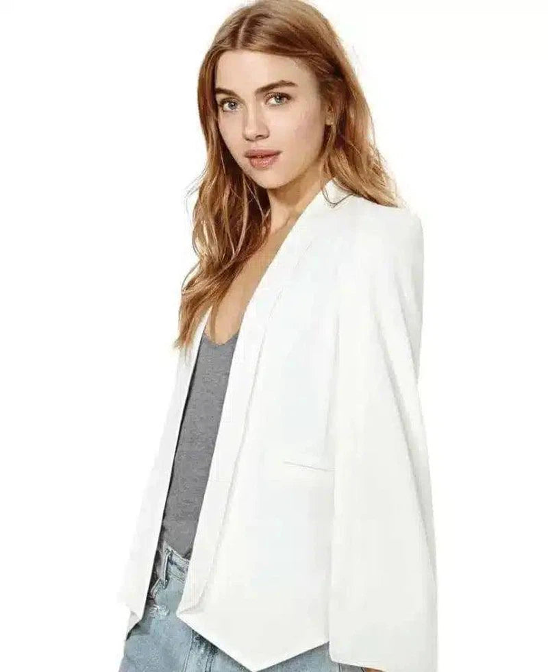 Ladies Women Long Sleeve Lapel Cape Poncho Office Jacket-White-2