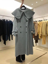 Lapel Double-Breasted Loose Solid Color Long Woolen Coat-Grey-2