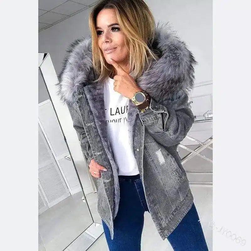 Fluffy Denim Jacket with Faux Fur Hood-Grey-3