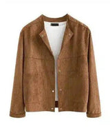 Women's Buttoned Suede Jacket-Camel-2