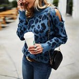 Leopard Print Long-Sleeved Casual Loose Knit Sweater-Blue-2