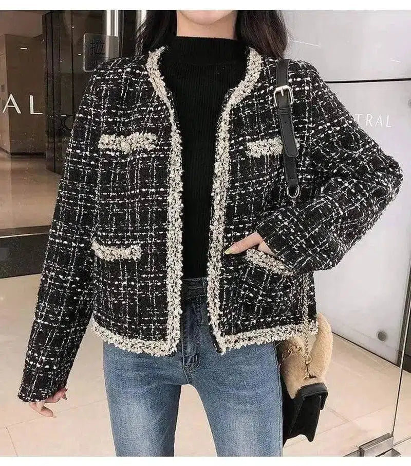 Little Fragrant Tweed Short Jacket Women's Trendy Top-Black-1