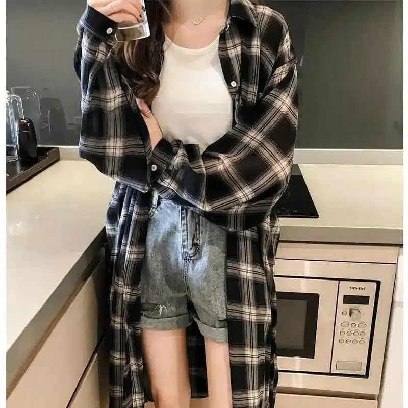 Long Plaid Shirt Jacket for Women-1