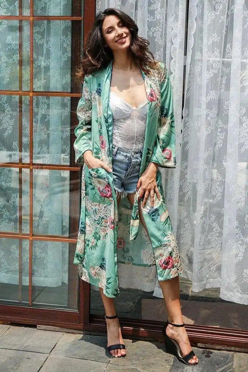 Floral Kimono-Style Long Cover-Up-Green-1