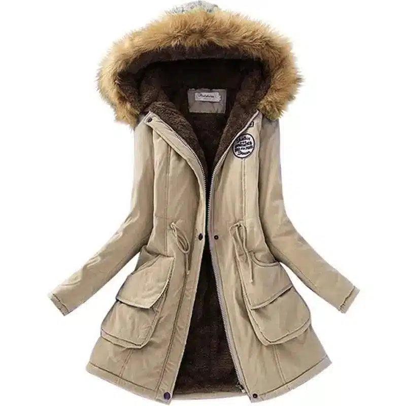 Long Women's Cotton-Padded Jacket With Wool Collar-Khaki-11