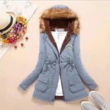 Long Women's Cotton-Padded Jacket With Wool Collar-Light blue-12