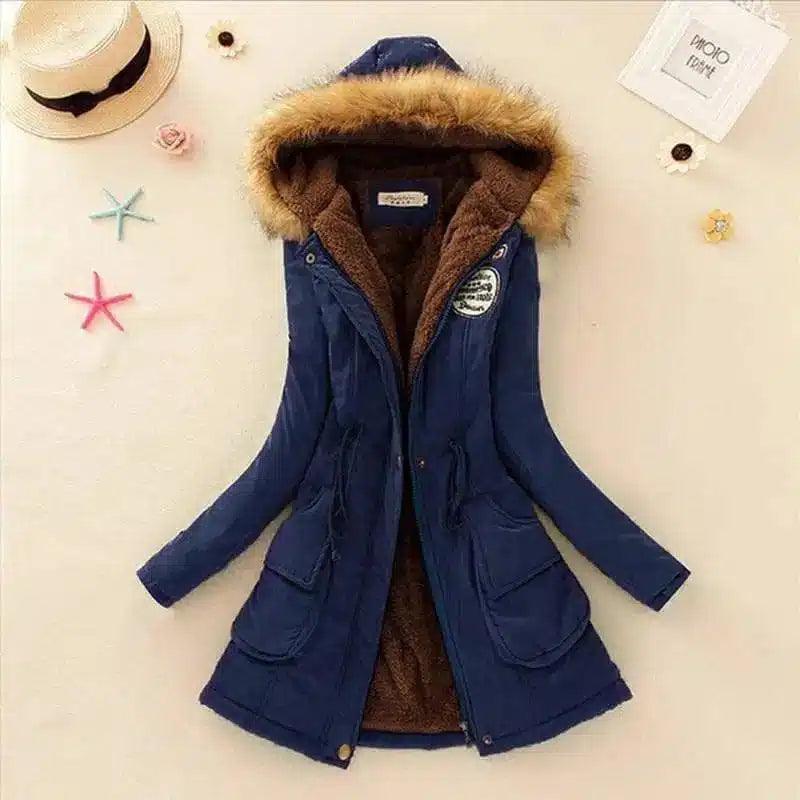 Long Women's Cotton-Padded Jacket With Wool Collar-Navy blue-6