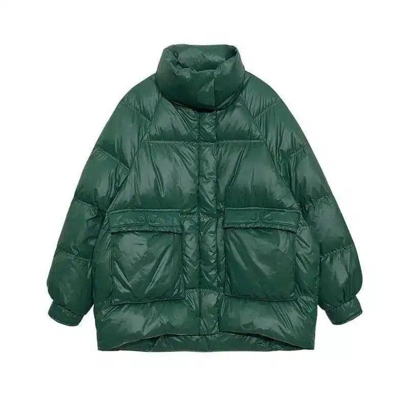 Puffer Jacket with High Collar and Pockets-Green-3