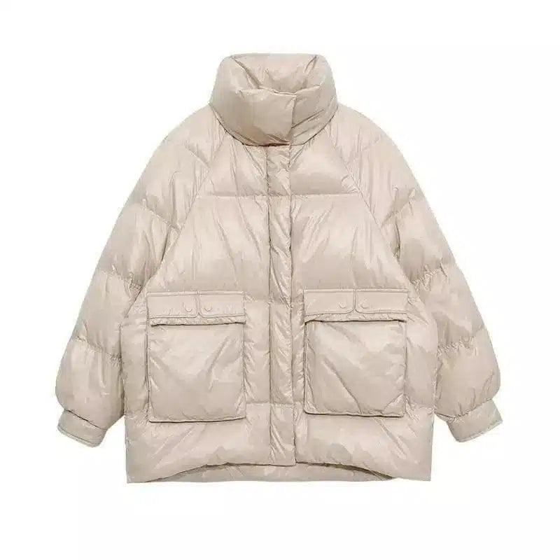 Puffer Jacket with High Collar and Pockets-Apricot-4