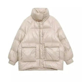 Puffer Jacket with High Collar and Pockets-Apricot-4