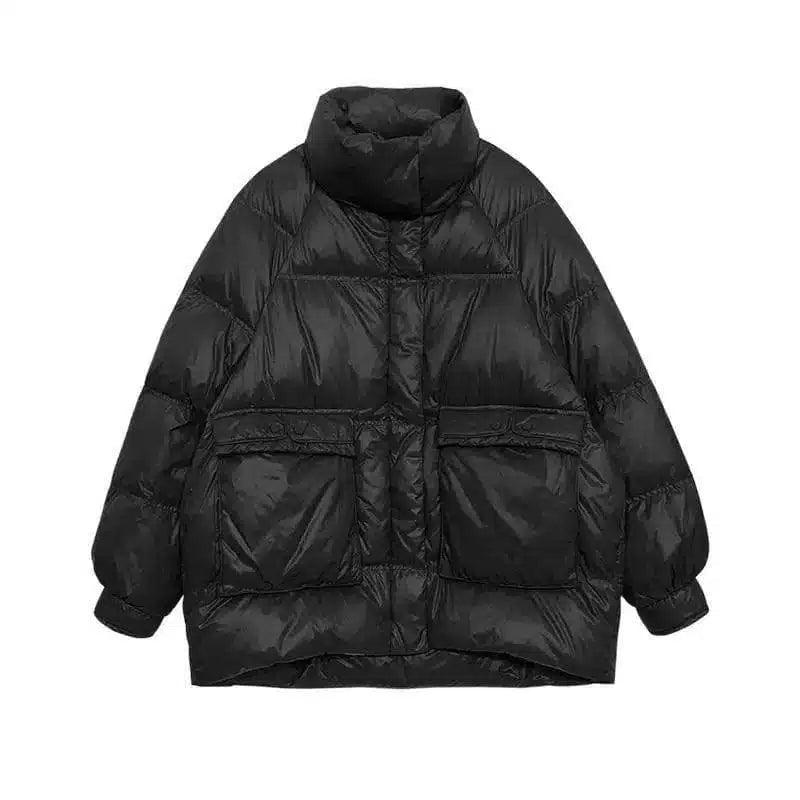 Puffer Jacket with High Collar and Pockets-Black-5