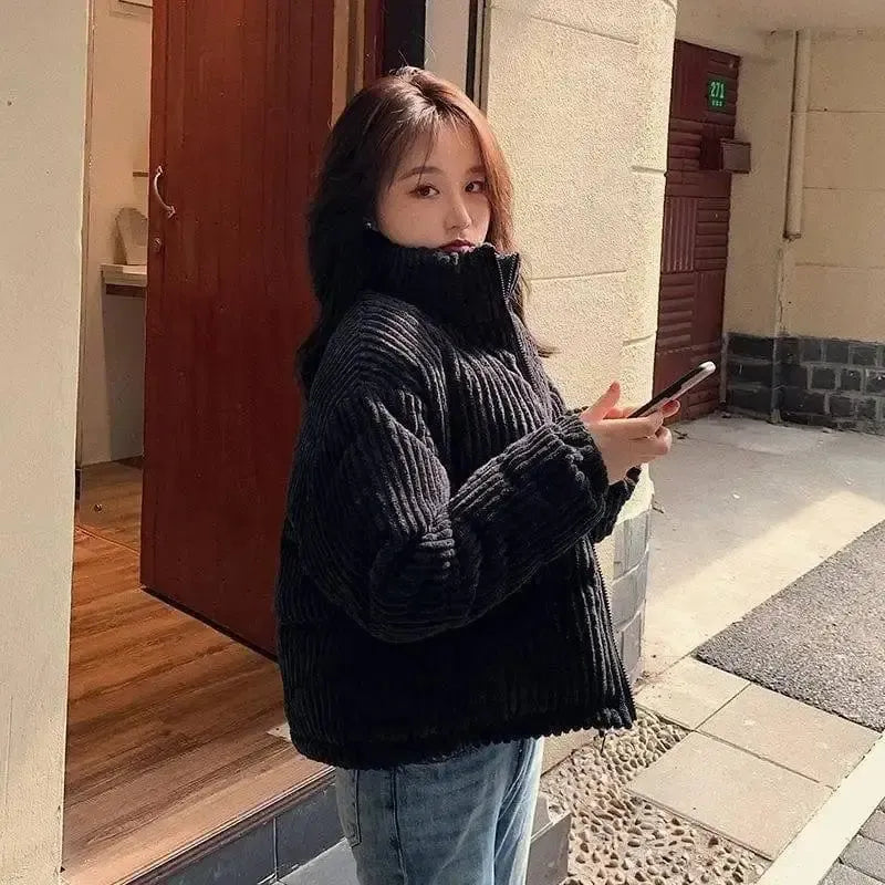 Loose corduroy padded jacket-Black-4