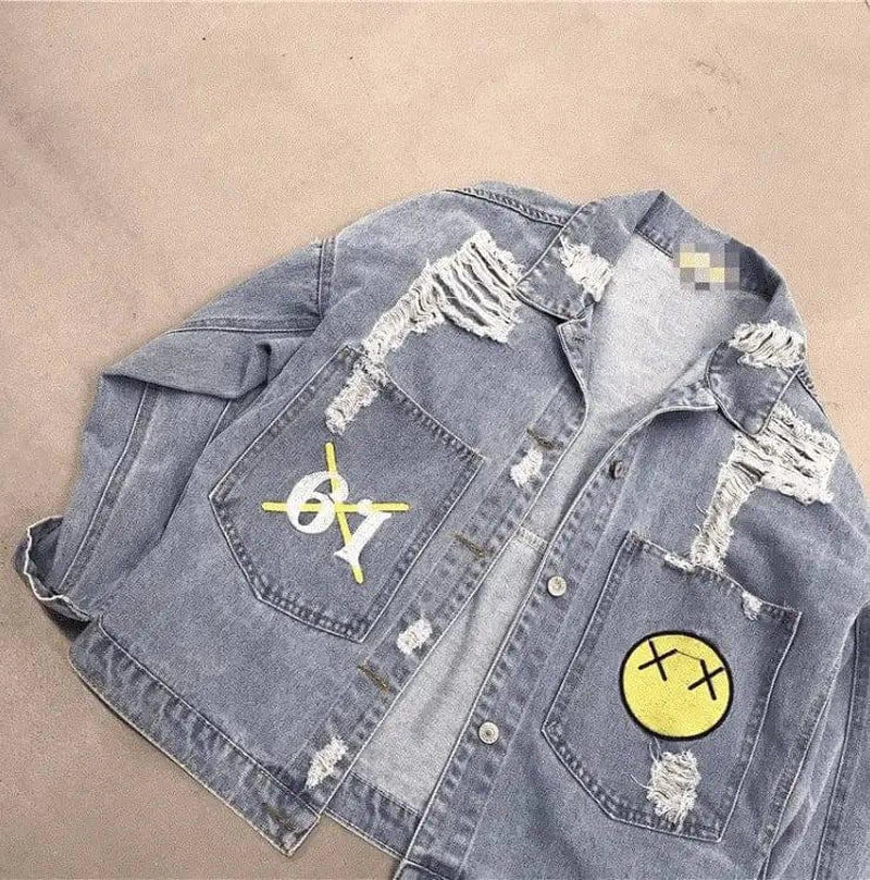 Distressed Denim Jacket with Patches-Light blue-3