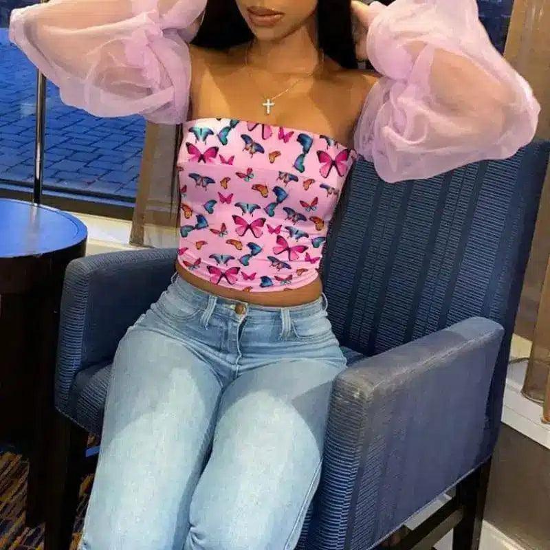 Women's Butterfly Crop Top with Sheer Puff Sleeves-Pink-1