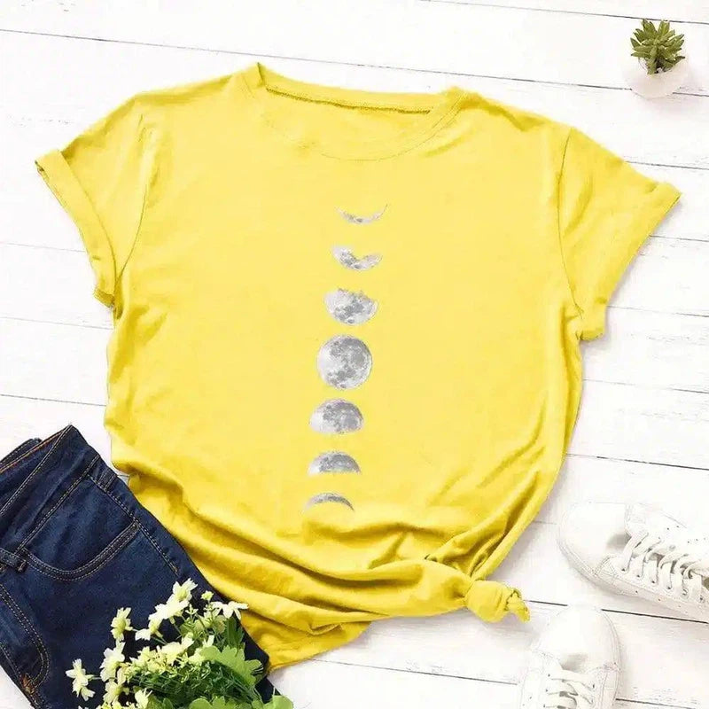 Loose Round Neck and Short Sleeve T-shirt Blouse-Yellow-6