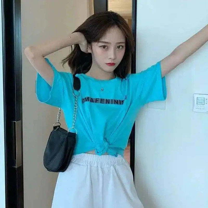 Navel loose short sleeve T-shirt-Blue-5