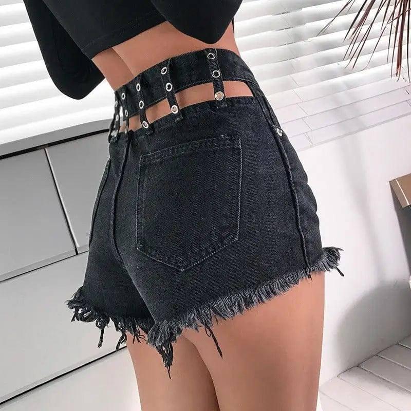 LOVEMI - Lovemi - Old hairskin high waist cutout denim shorts