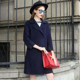 Women's Mid-Length Wool Coat with Wide Lapels-Navy-2