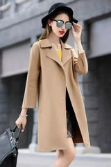 Women's Mid-Length Wool Coat with Wide Lapels-Camel-3