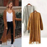 Long Knit Cardigan with Fringe Detail-1