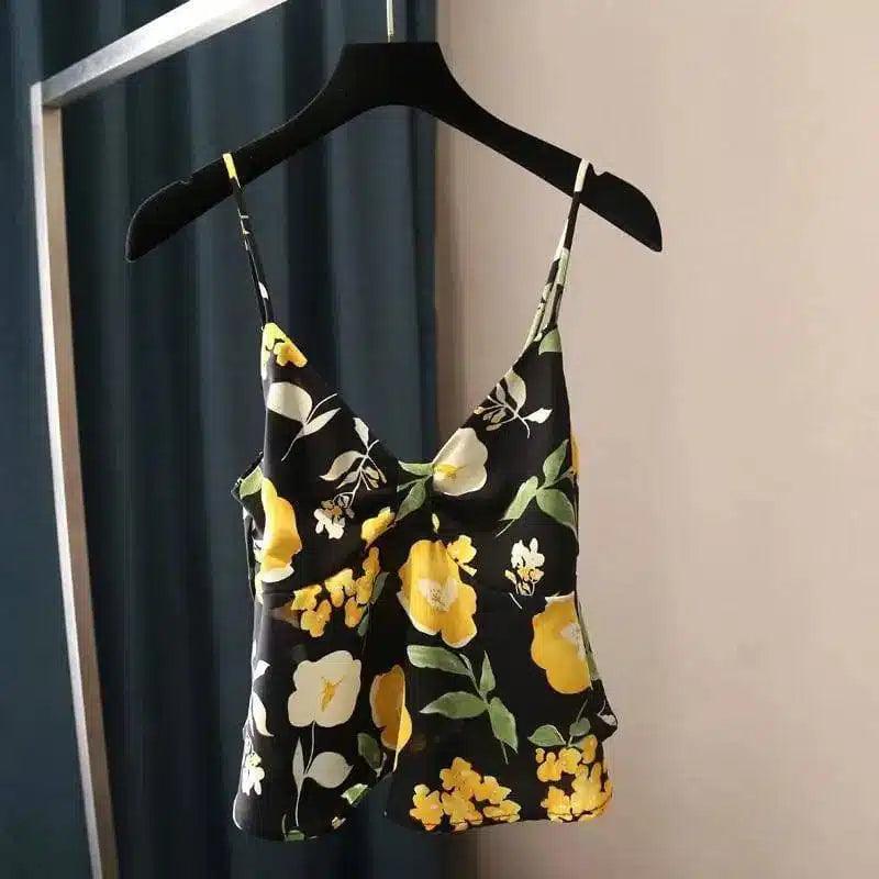 Floral V-Neck Cami Top for Women-Black-1