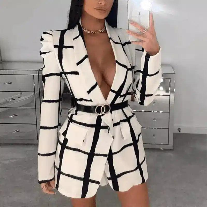 Women's Belted Blazer Dress-White-1