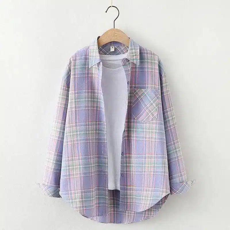 Plaid Cotton Casual Shirt with Pocket-Purple grid-10