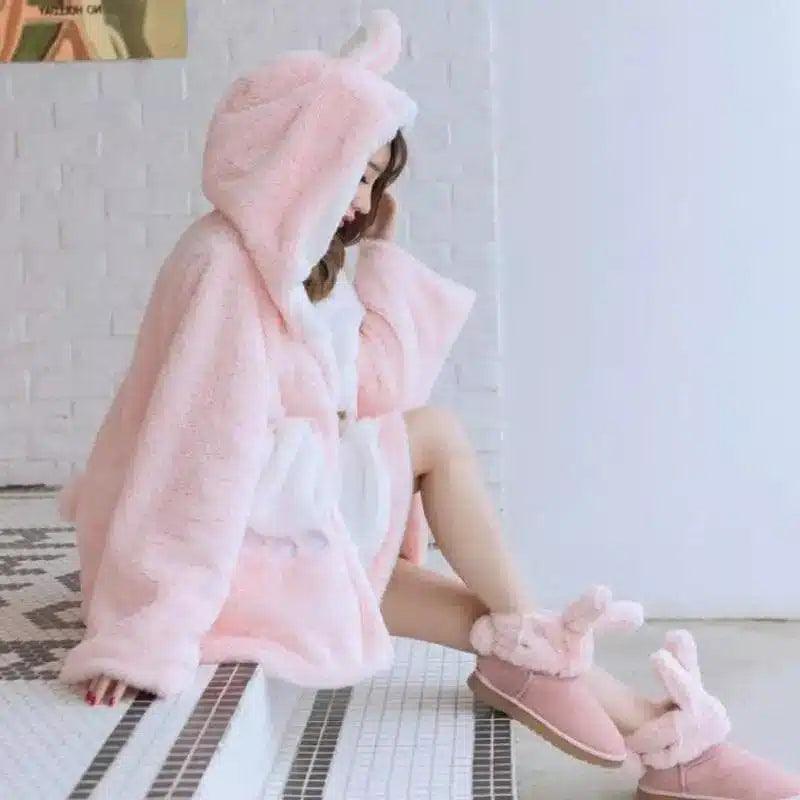 Fuzzy Hooded Bathrobe with Bunny Slippers Set-Pink-1