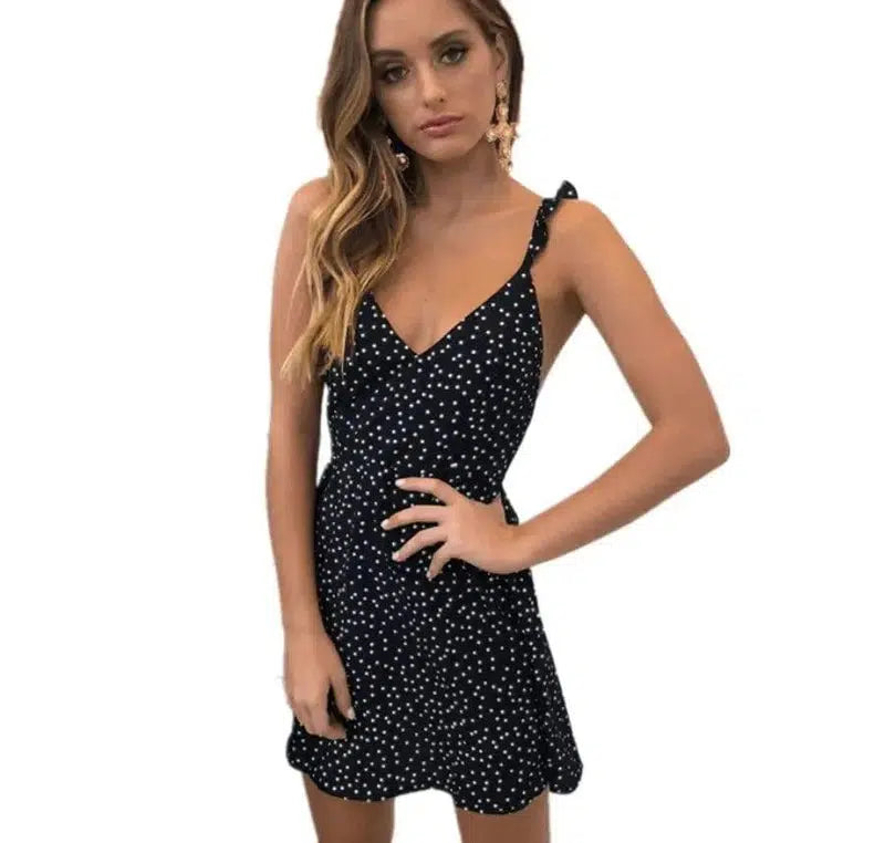 Polka-dot lace-up fashion dress-Black-44