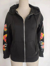 Floral Sleeve Zip Hoodie with Pockets-1