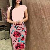 Printed Office Midi Pencil Dress Large Women Dress-Pink-13