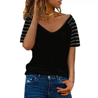 Women's Striped Sleeve V-Neck T-Shirt-1