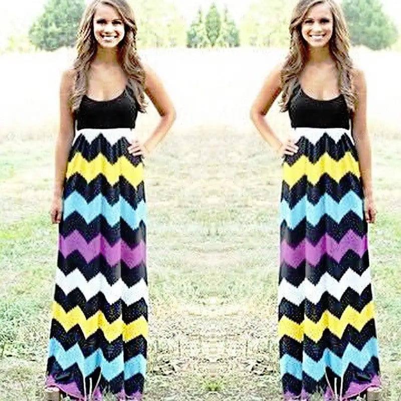 Printed Waves Stripe Long Skirt Dress-Black-23