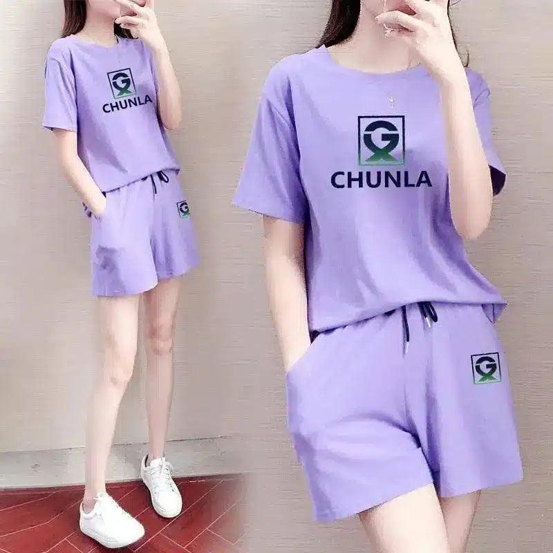 Women's Casual T-Shirt and Shorts Set-Purple-14