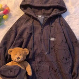 Cartoon Bear Print Zip-Up Hoodie with Pockets-Dark gray-2