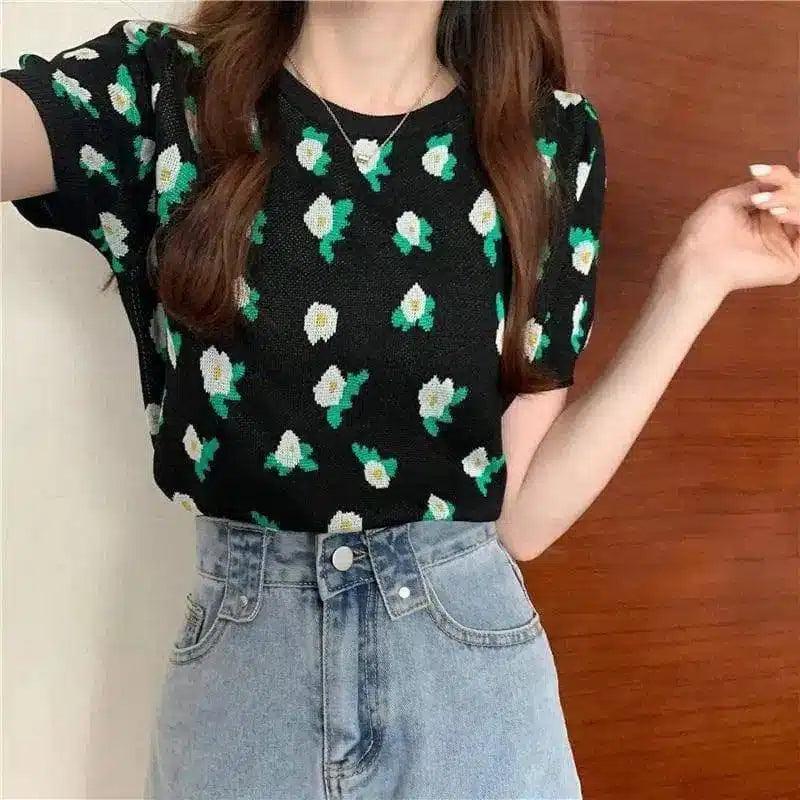 Floral Print Women's Casual T-Shirt-Black-1