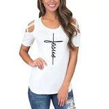 Women's Cut-Out Shoulder Casual Tee-White-2