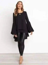 Round Neck Lantern Sleeve Irregular Ladies Top-Black-1