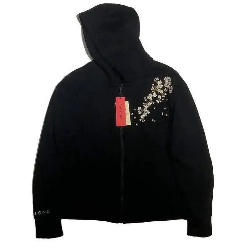 Sakura embroidery men's hooded zipper sweater-Black-2