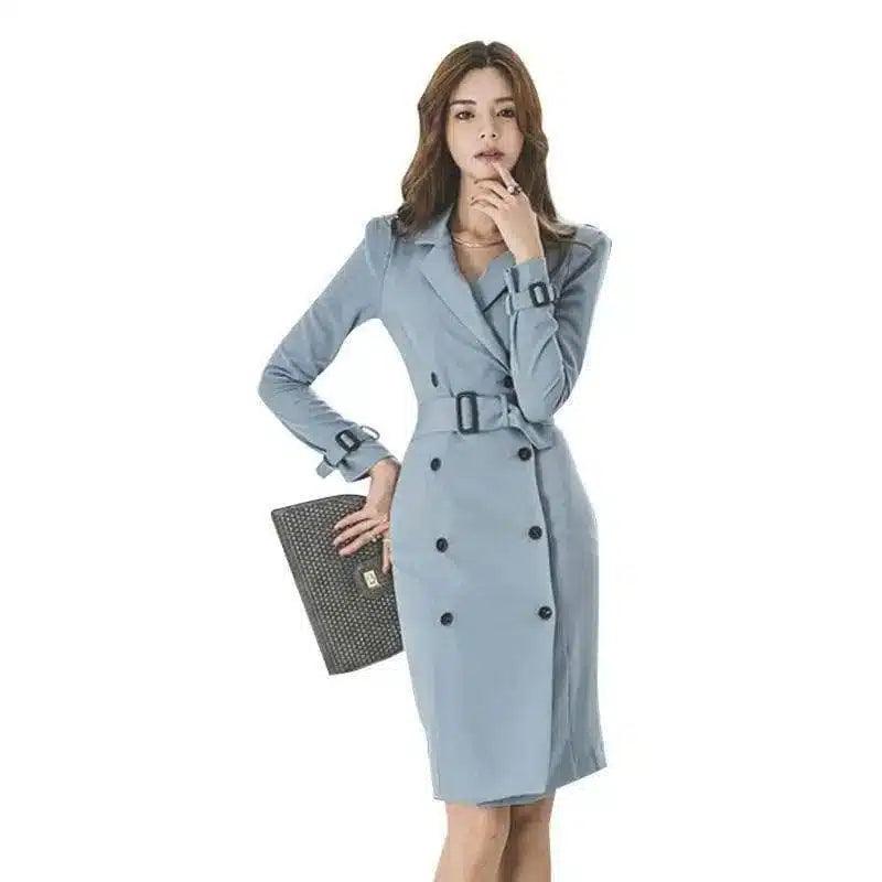 Women's Double-Breasted Trench Dress-Blue-2