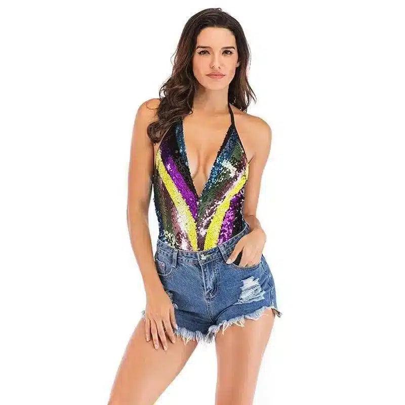 Sequin Halter Bodysuit & Ripped Denim Shorts-1